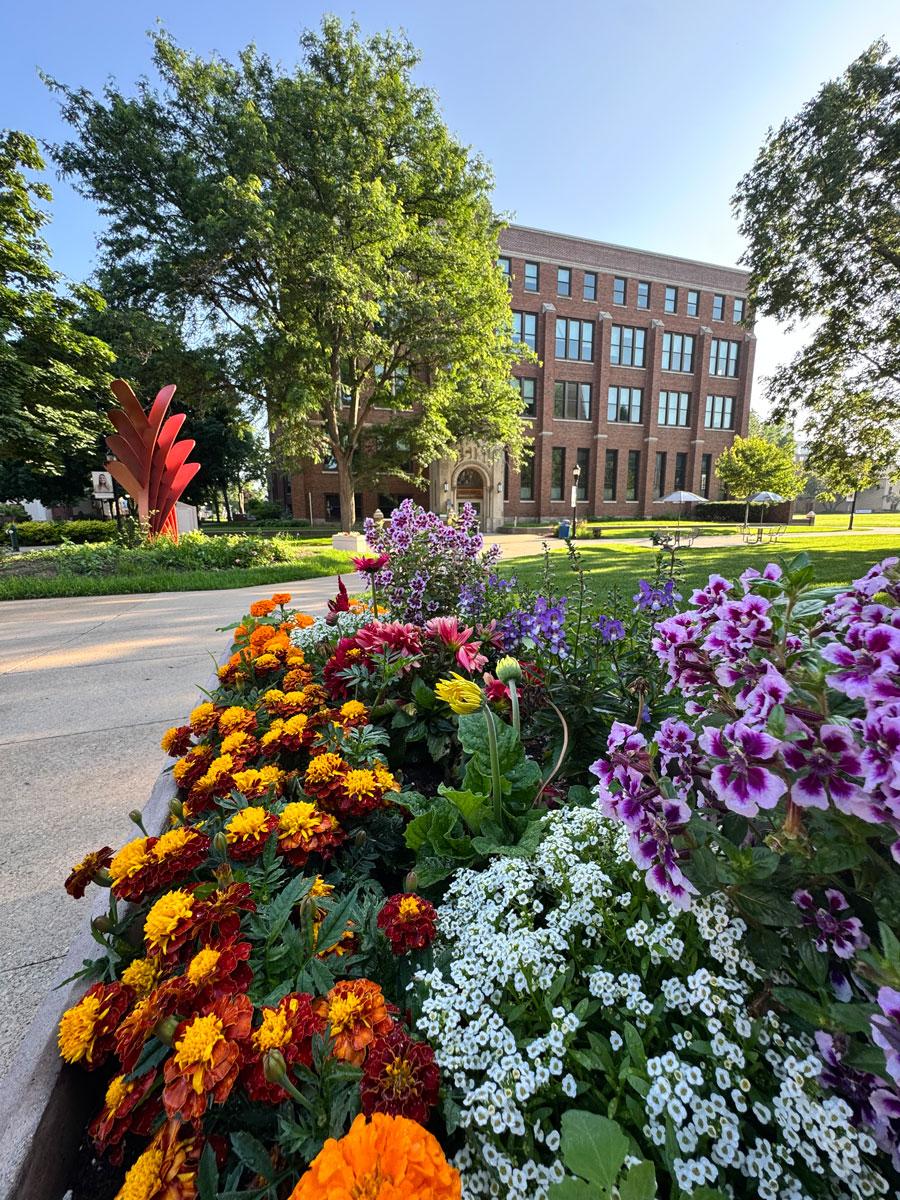 Campus shot with flowers