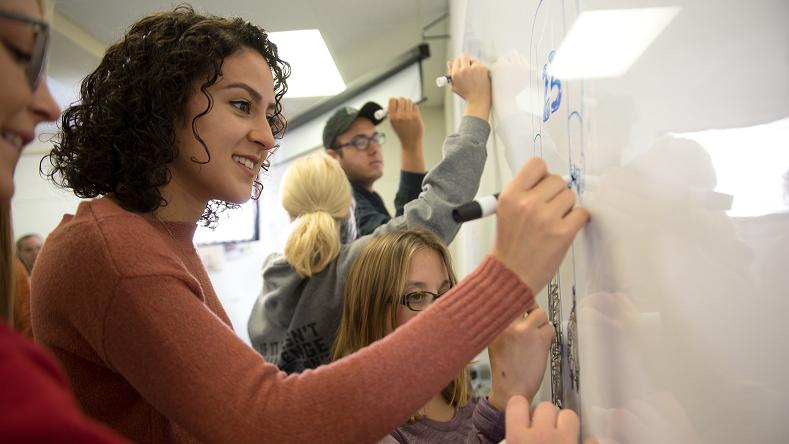 Professor working on whiteboard